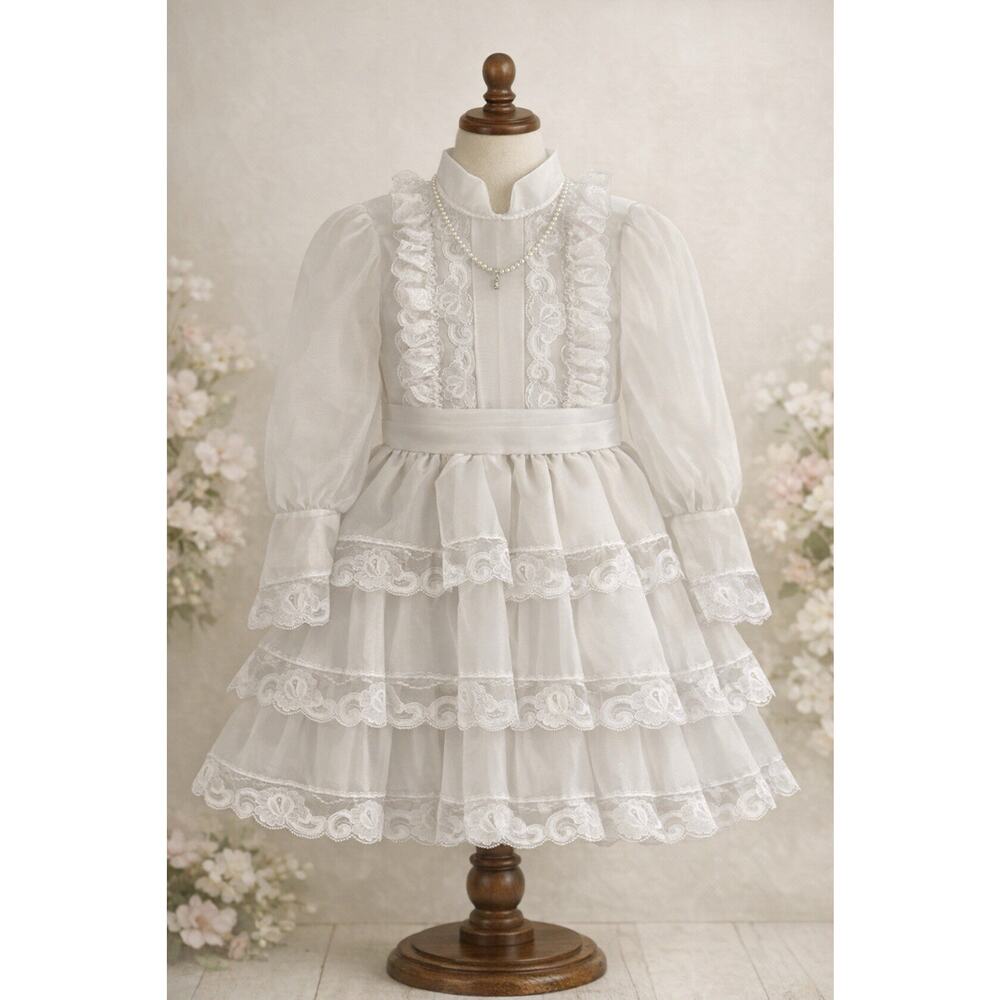 VTG 80s Girls Communion Dress 8 White Sheer Sleeves Lace Ruffles Pearl Necklace
